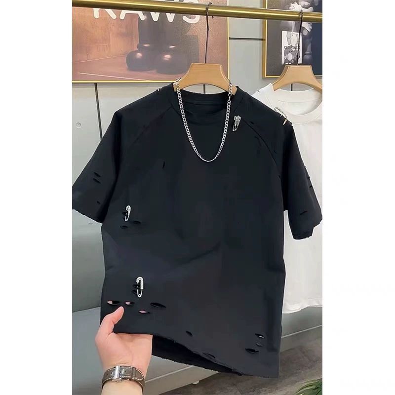 2023 Summer Short Sleeve T-shirt For Men, Designer Short Sleeves Stylish Distressed With Rhinestones And Pins, Cotton Half Sleeve Fashionable Men'