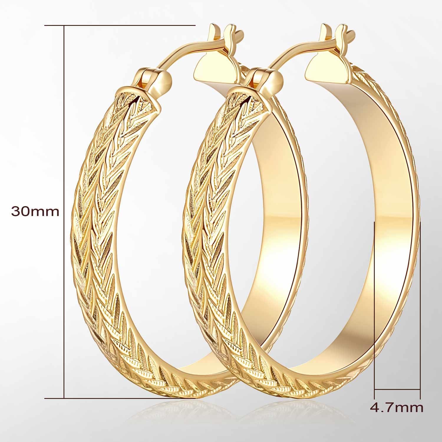 14K Gold Women's Wide Hoop Earrings Chunky V-Engraved Design 25MM/30MM Sizes
