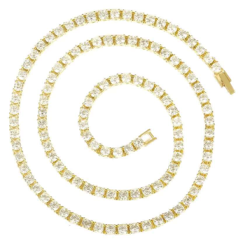 4mm Single-Row Tennis Chain Full Diamond Alloy Rhinestone Necklace Gold Plating Hip-Hop Style Featuring Silver Brass Pearl Link
