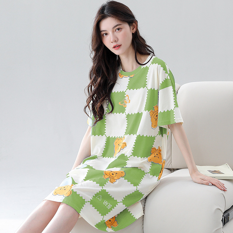 B958-High quality pure cotton nightdress women's short sleeve summer thin cotton long large size summer cotton pajamas home clothes