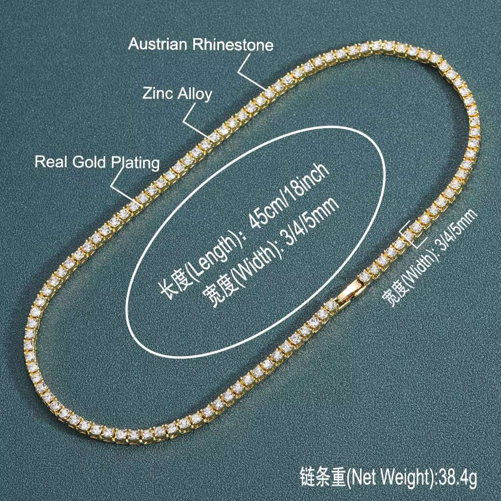 3mm 4mm 5mm 6mm Zinc Alloy Tennis Choker Chain 1 Row Hip Hop Iced Out Crystal Tennis Chain Necklace Jewelry Set