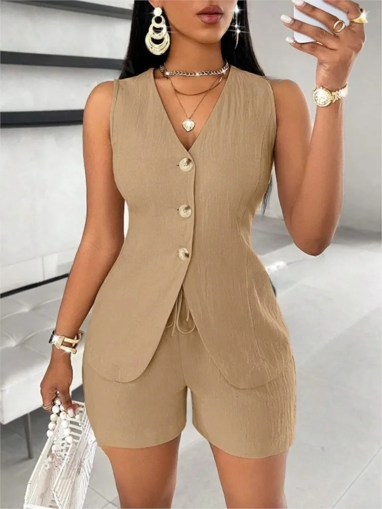 2025 Women Fashion Casual Set Of 2 Pieces Summer Top Button Elegant Solid Office Holiday Short Pant Suit Womens Clothing 250703