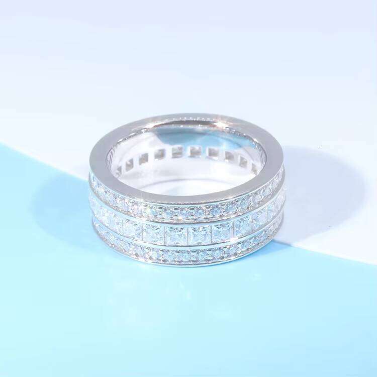 Professional Custom Jewelry 3 Rows Round Moissanite S Sier Plated White Gold Engagement Rings for Women Men Daily