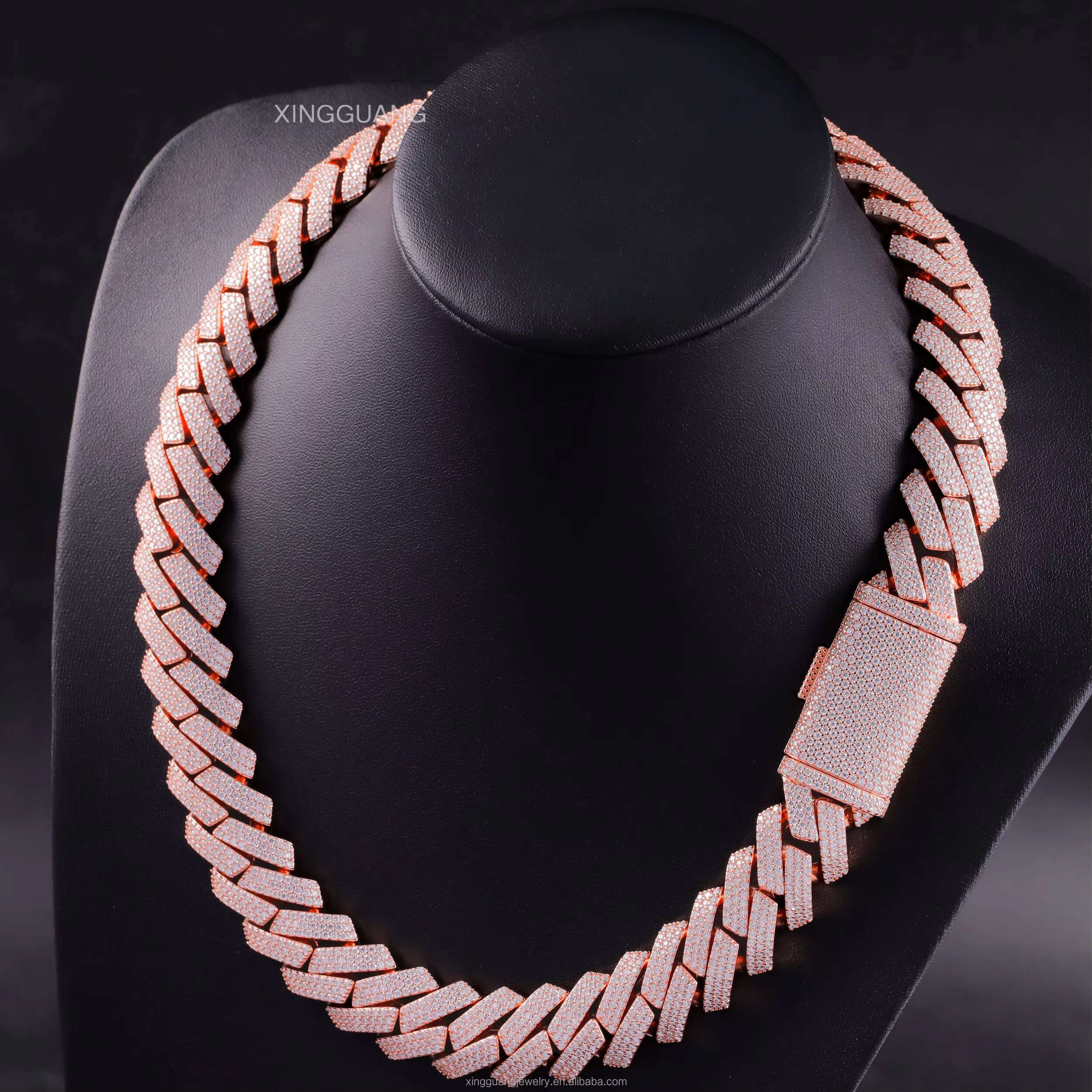Factory Price 20mm Rose Gold Plated 3rows Cuban Chain S925 Silver With VVS Round Moissanite Hip Hop Necklace Cuban Link Chain