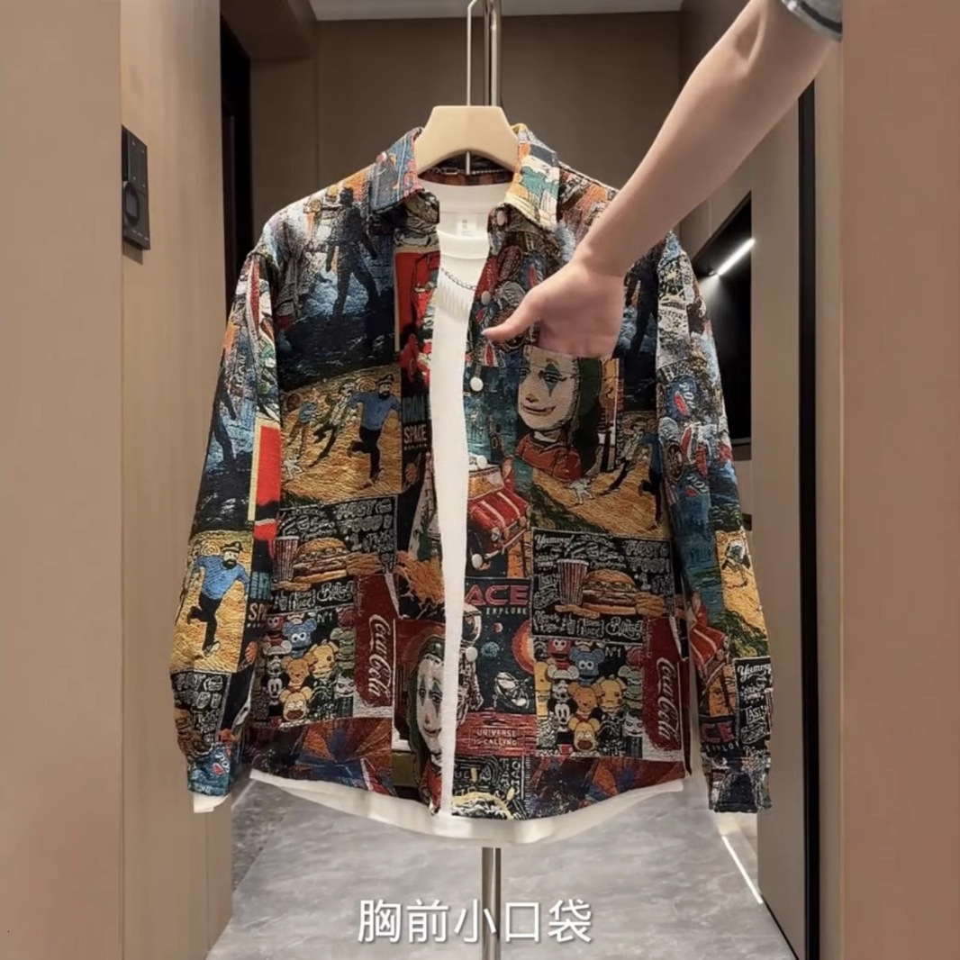 Spring And Autumn New Men's Trendy Color-woven Jacquard Designer Short Sleeves Painted Shirt Unisex Fashion Versatile Loose Casual Jacket