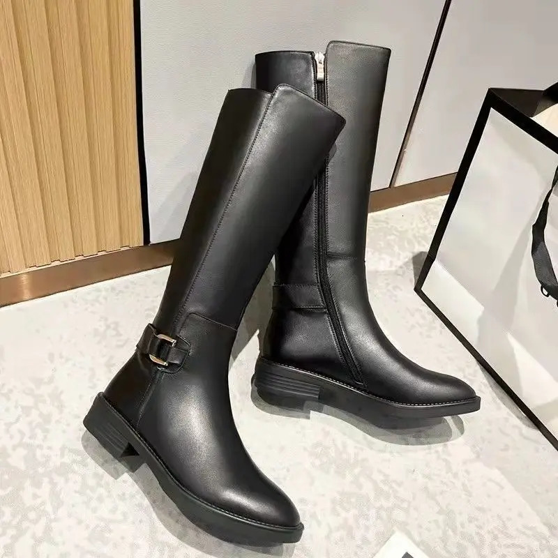 Black Pu Leather Knee Boots for Women Shoes Metal Buckle Decoration Fashion Outdoor Long Botas Ladies Footwear Size 34-41 250725