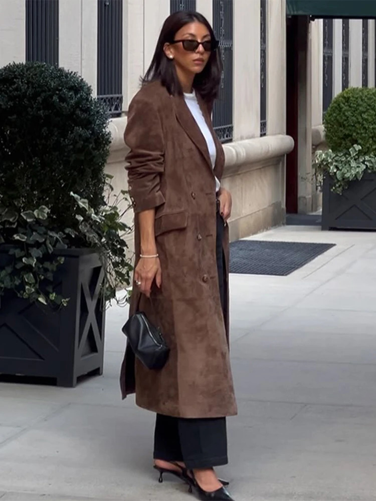 Suede Trench Coat Long Jacket Retro Brown Loose Suit Collar Pocket Overcoat Slimming Silhouette Women Windbreaker Outwear Spring 250704