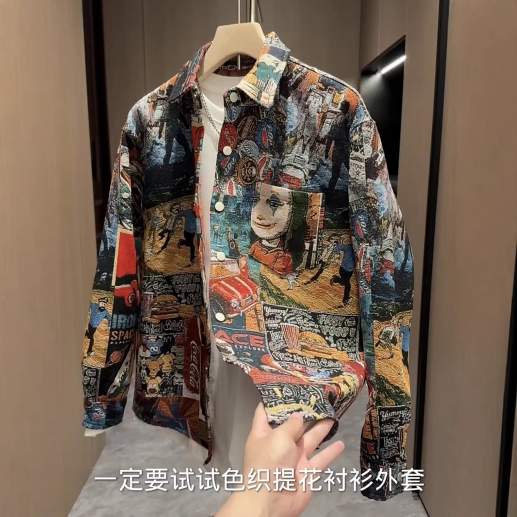 Spring And Autumn New Men's Trendy Color-woven Jacquard Designer Short Sleeves Painted Shirt Unisex Fashion Versatile Loose Casual Jacket