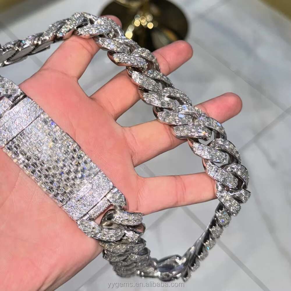 Yu Ying Custom 16mm Men Full Emerald Cut VVS Moissanite White Gold S925 Silver Cuban Link Chain Necklace Hip Hop Jewelry