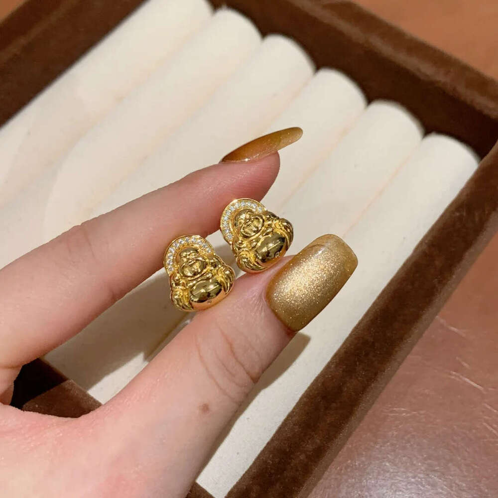 New Chinese Style Mini Small Fashion Exquisite Inlaid Dia Gold-Plated Maitreya Buddha Earrings for Women f37