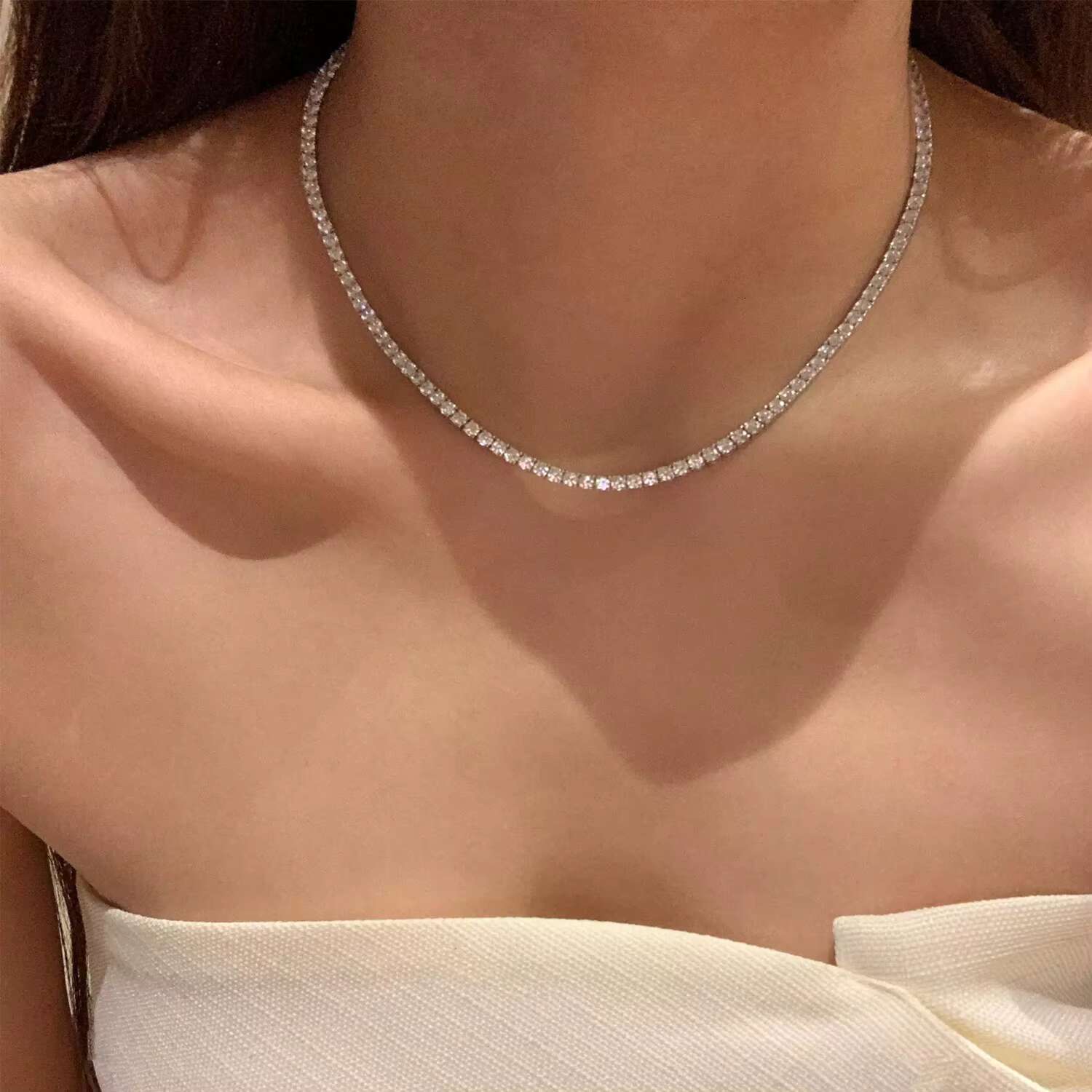 Custom Tennis Chain Jewellery 925 Sterling Silver 2 mm 3 mm 4 mm Zircon Cubic Zirconia Mosaic Diamond Tennis Necklace Adjustable