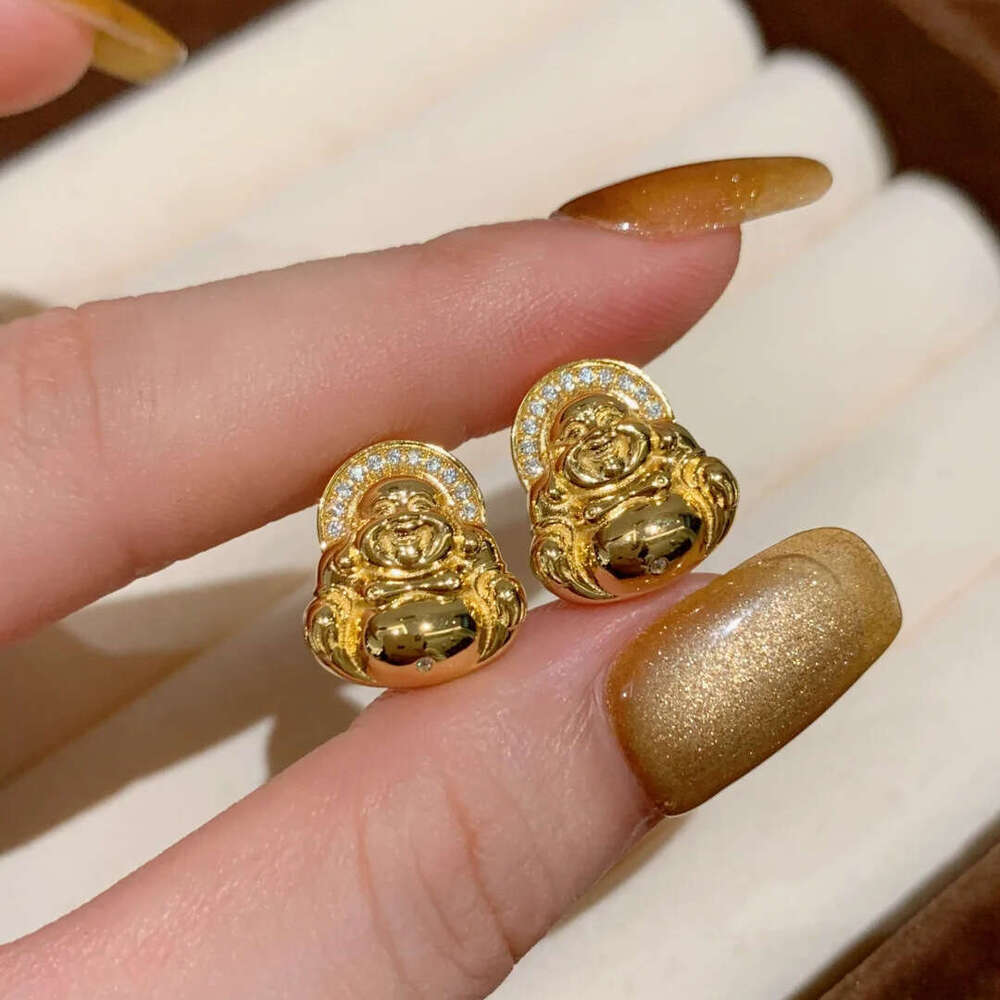 New Chinese Style Mini Small Fashion Exquisite Inlaid Dia Gold-Plated Maitreya Buddha Earrings for Women f37