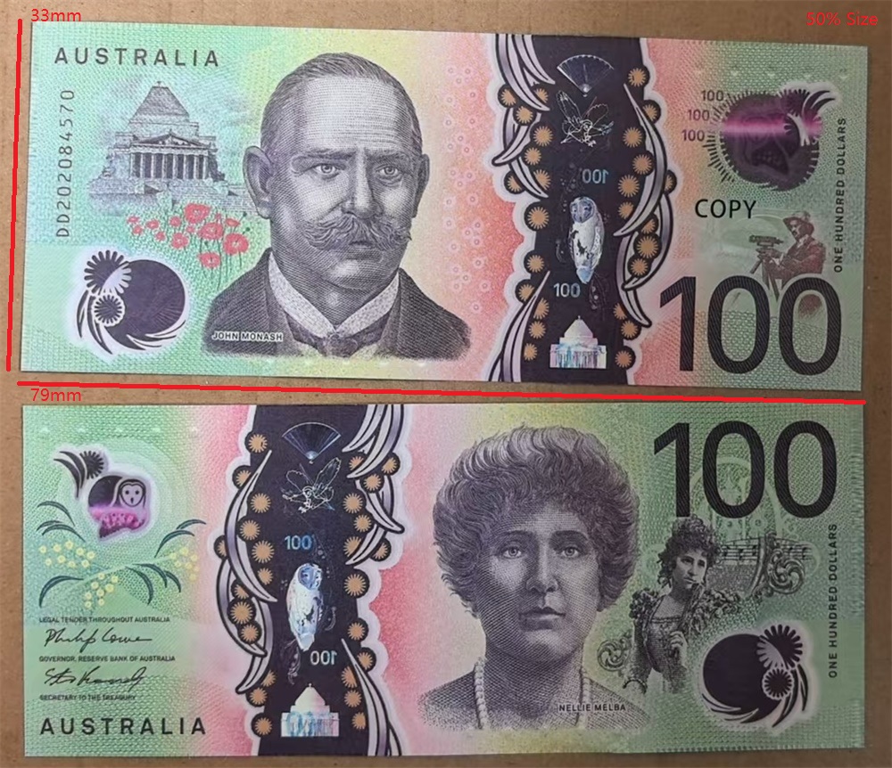 Wholesale 4A Quality Prop Money Game Australian Dollar 20/50/100 AUD Banknotes| Paper Copy Fake Money Movie Props Laser Printing 79*33mm 50% Size