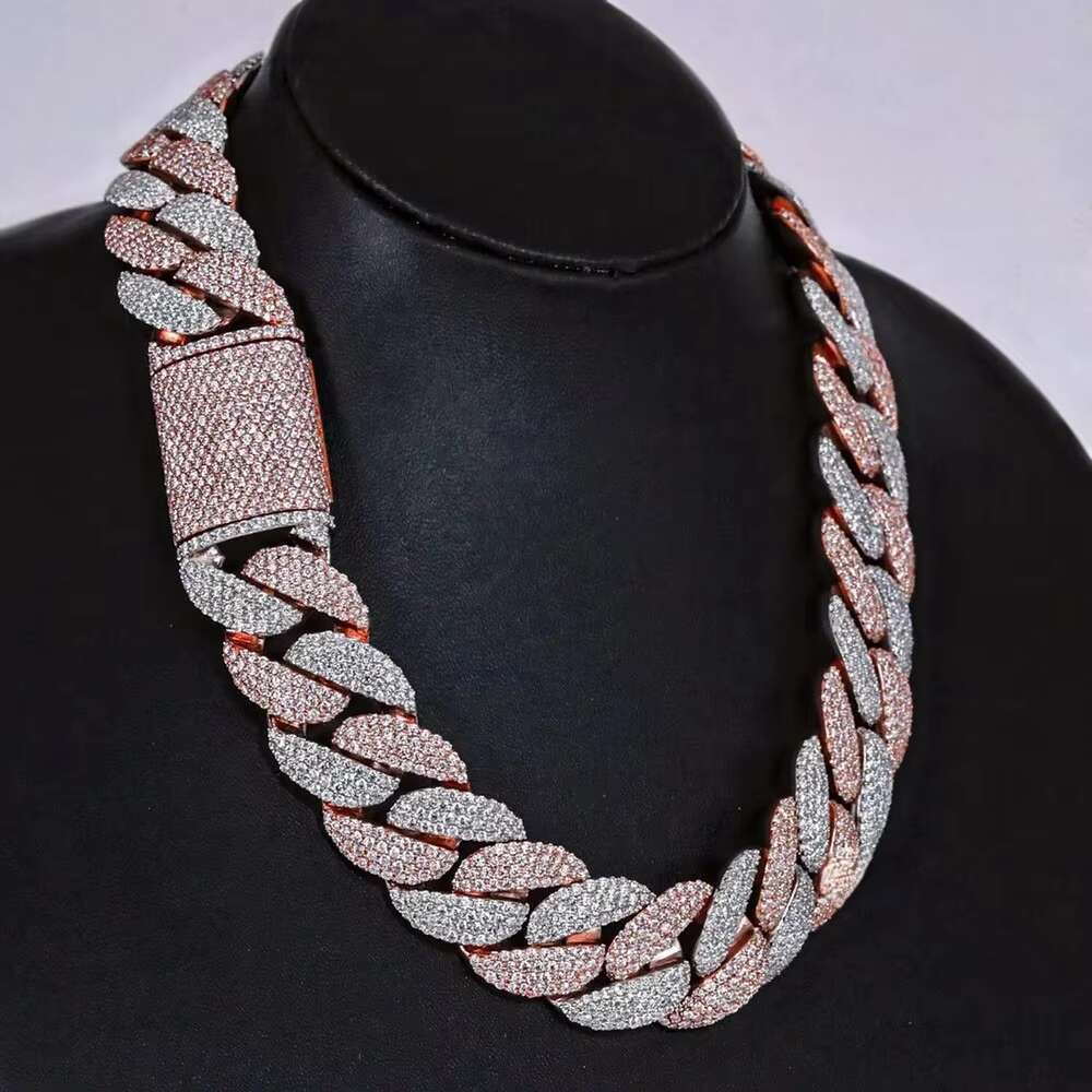 22 Inch Hip Hop Cuban Chain Round Cut Moissanite Diamond Sterling Silver Jewelry Collection for Men Rose and White Cuban Chain