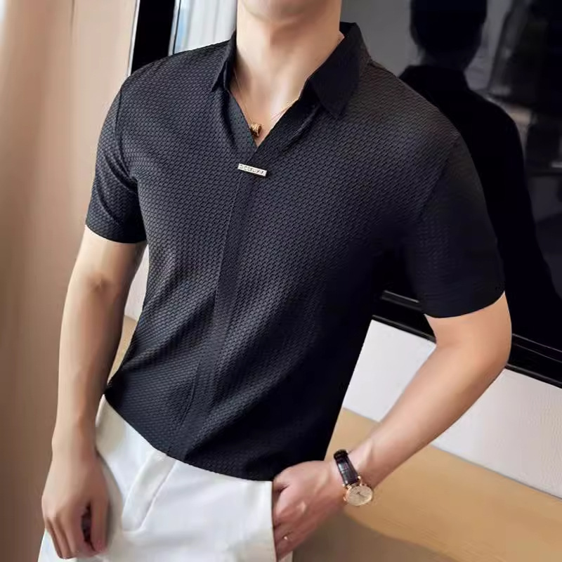 Designer Short Sleeves Summer Men's Short Sleeve Turn-down Collar T-shirt Trendy Korean Version Slim Fit British Style High Elasticity V-neck Ice