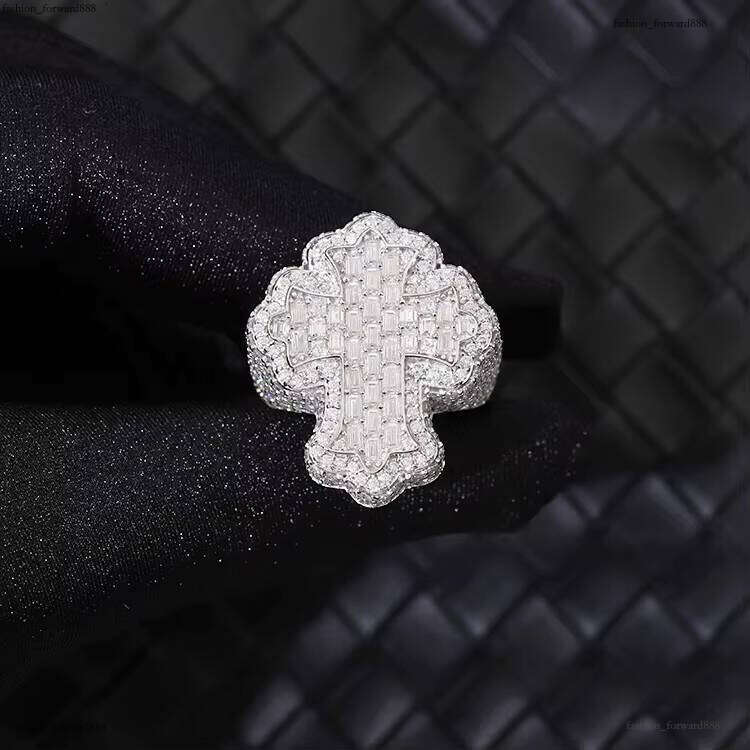Fully Iced Out Jewelry Hip Hop Gold Plated Sterling Sier Vvs Baguette Moissanite Dia Cross Ring