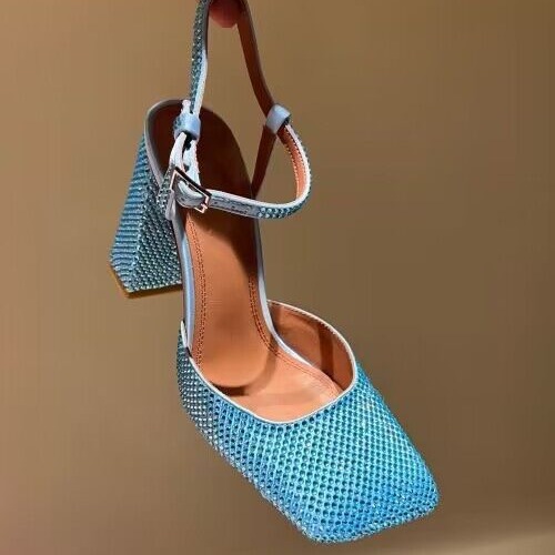 Women's Square-Toe Rhinestone Strap Sandals - 5.5cm Block Heel Dress Sandals, Adjustable Crystal Buckle Summer Shoes, 7 Color Options