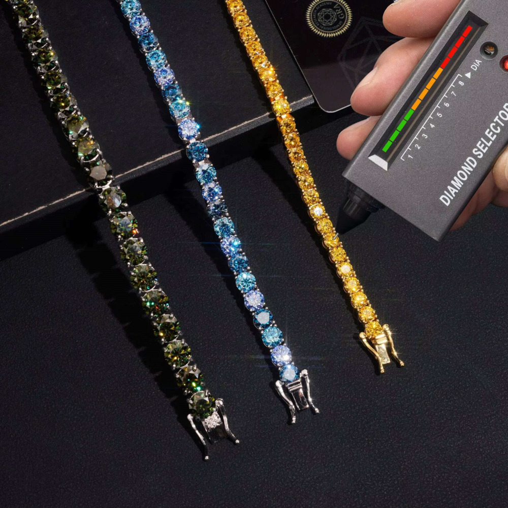 Classic Design GRA Certified 4mm 5mm 6.5mm Colorful Moissanite Hip Hop 925 Silver Tennis Bracelet