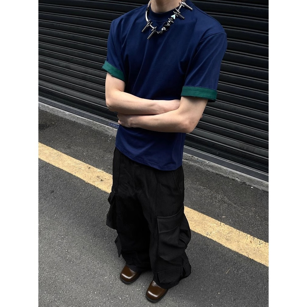 American Style Designer Short Sleeves Heavyweight Color-block Short Sleeve Men's Summer Fake Two-piece Pure Cotton Patchwork T-shirt Men's L