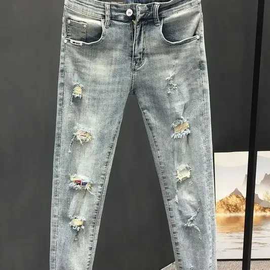 Trendy Korean Style Streetwear Mens Classic Jeans with Holes for Summer Stretchy Distressed Holes Stretch Skinny Pants Male XJ250707