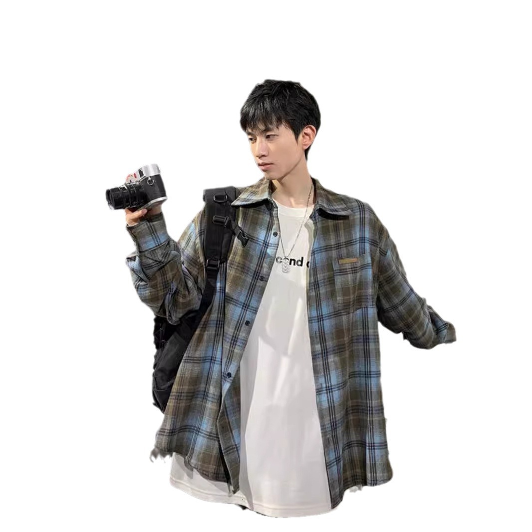 Designer Short Sleeves American Retro Color-block Plaid Long Sleeve Shirt For Men 2025 Spring And Autumn New Trendy Brand Versatile Loose Shirt Jacket
