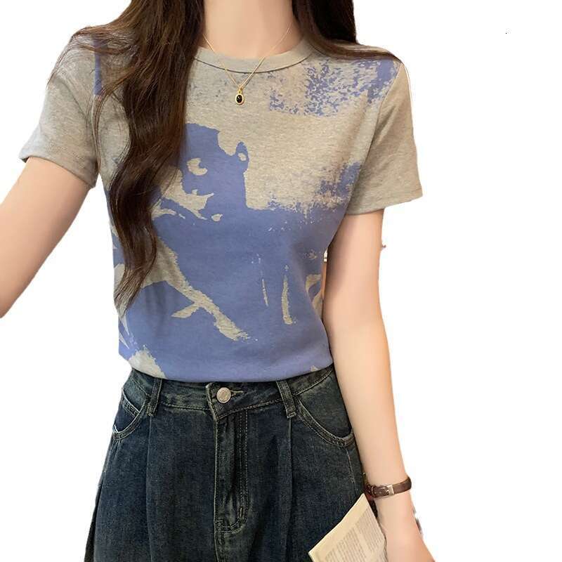 Summer New Tie-Dye Gray Sweet Regular Shoulder Round Neck Sleeve T-Shirt For Women Slim Fit Short Top Trendy B5