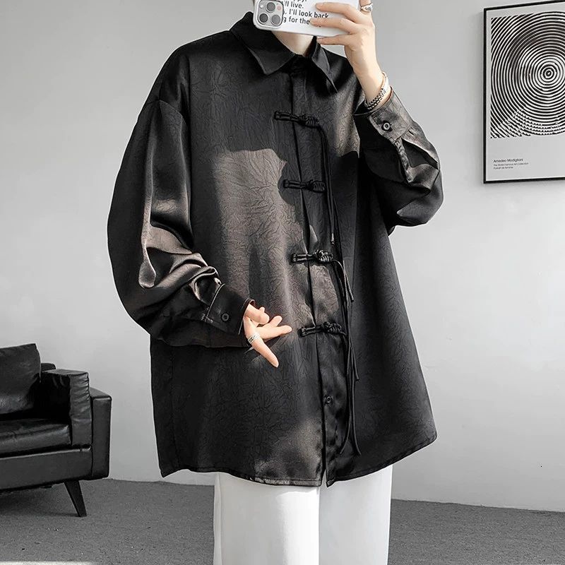 Black Shirt For Men New Chinese Style Button Design High-end Feel Smooth Jacquard Unisex Stand Designer Short Sleeves Collar Shirt Jacket