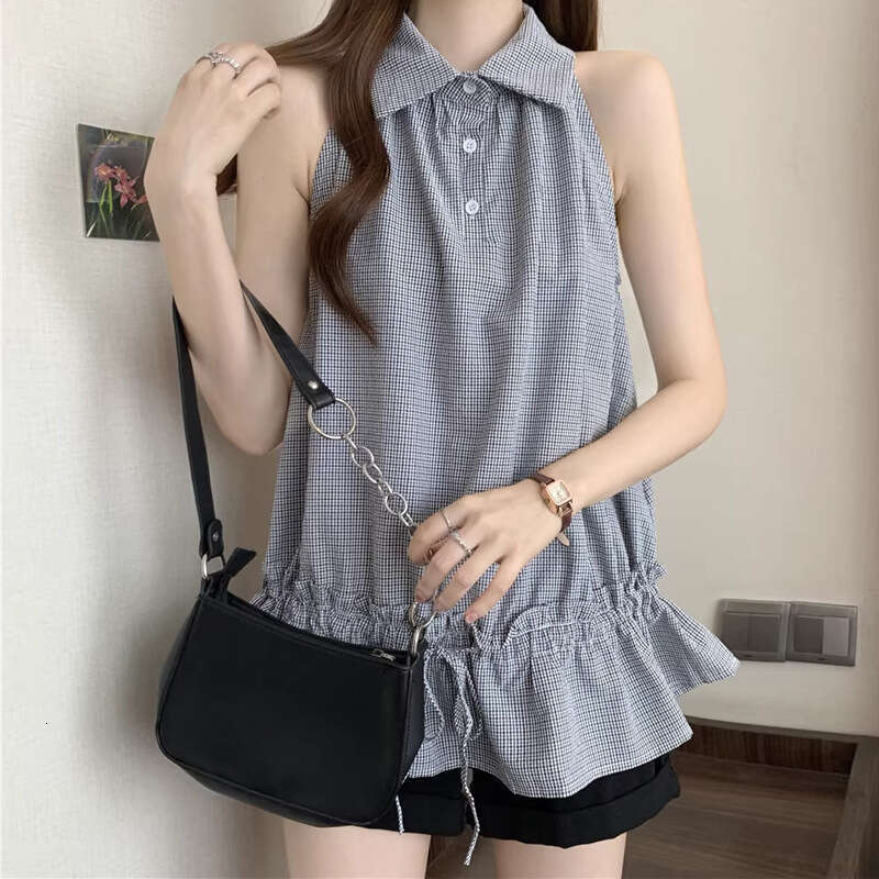 Korean Style Elegant High-End Collared Sleeveless Shirt Summer Design Halter Ruffled Tie Vest Top Trendy B5
