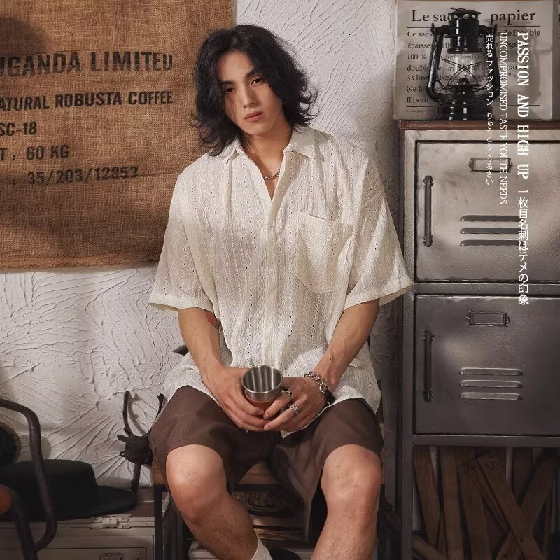 Design Sense Hollow Short Sleeve Shirt Designer Short Sleeves For Men Summer Ethnic Style Draped Japanese Retro Cool Loose Turn-down Collar Shirt