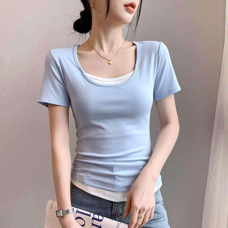Fake Two-Piece Color-Block Regular Shoulder Short Sleeve T-Shirt For Women Summer New Design Slim Fit U-Neck Base Shirt B5
