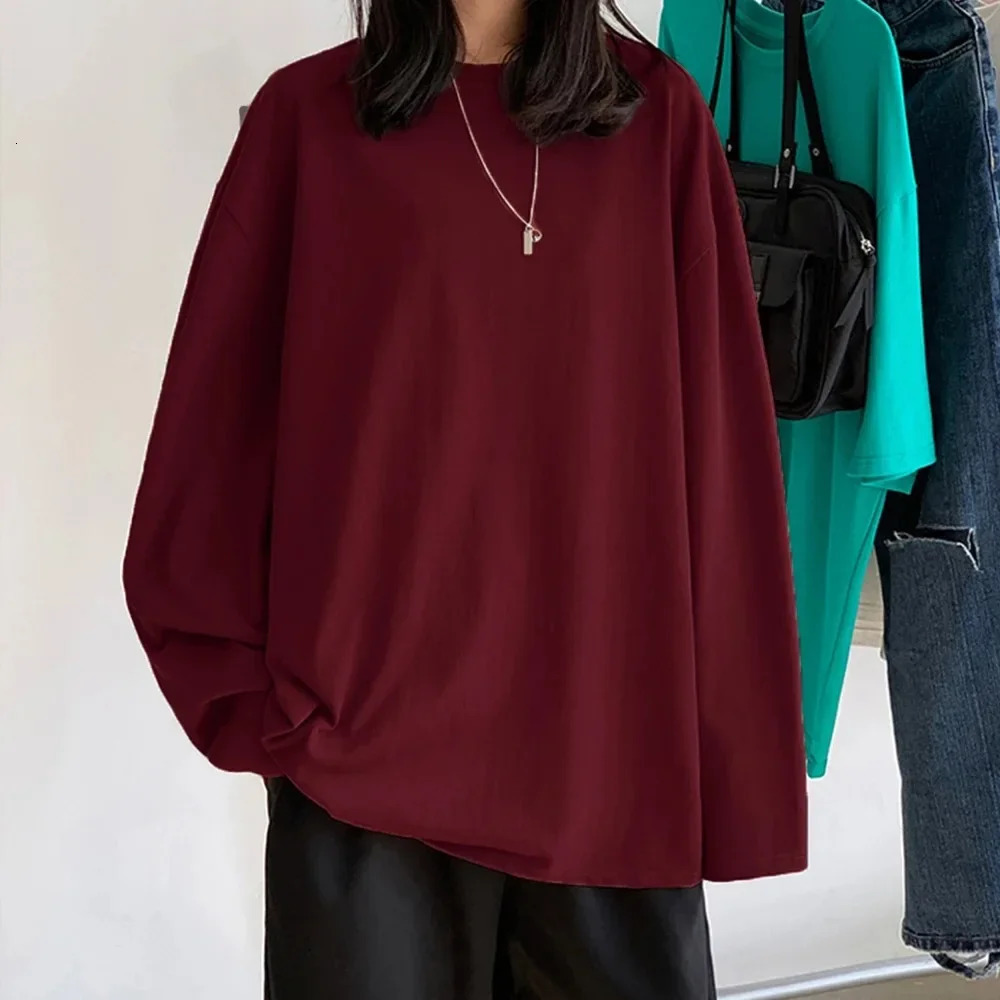 Trendy Cotton Long Sleeve T-Shirt Women Oversize Basic Tee Casual O-neck Tops Simple Streetwear Cozy Versatile T-shirt 250703