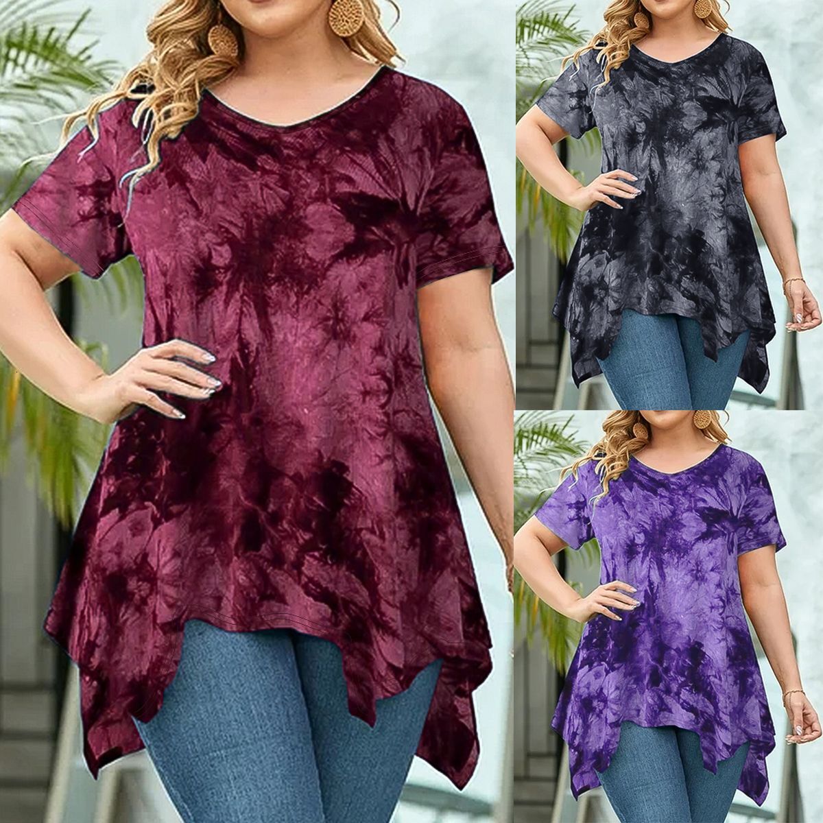 Designer Fashion Trend Free Shiing 2025 Euroean and American Amazon Cross-Border Plus Size Fashion Women's Tie-Dye V-Neck Irregular Hem Loose Sho