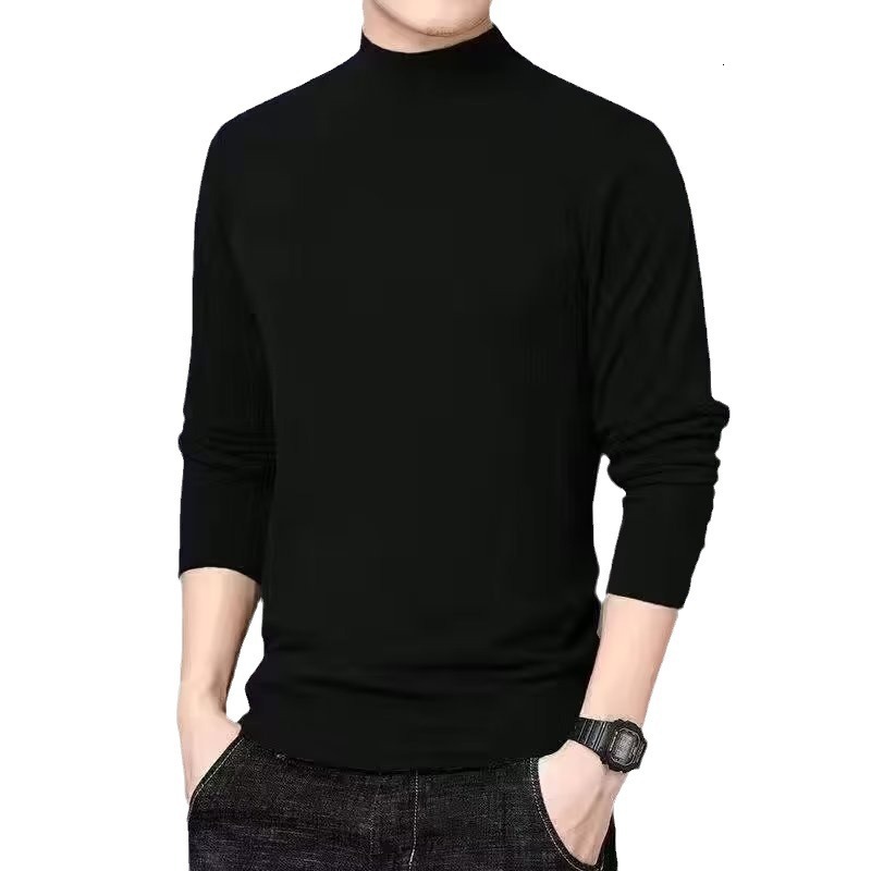Warm Fleece Lined Mid-high Collar T-shirt For Men 2025 New Autumn Winter Thermal Base Shirt Ins Style Versatile Designer Short Sleeves Long Sleeve Top