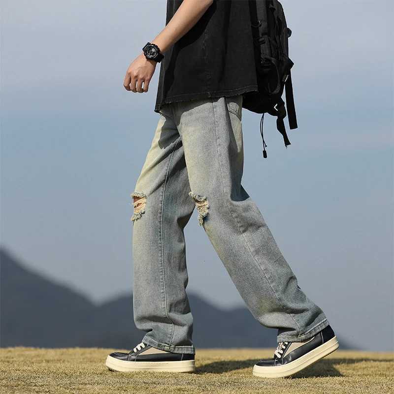Mens Denim Pants - Summer American Retro Straight Leg Jeans Loose and Breathable High Street Fashion Ripped Casual Pants XJ250707