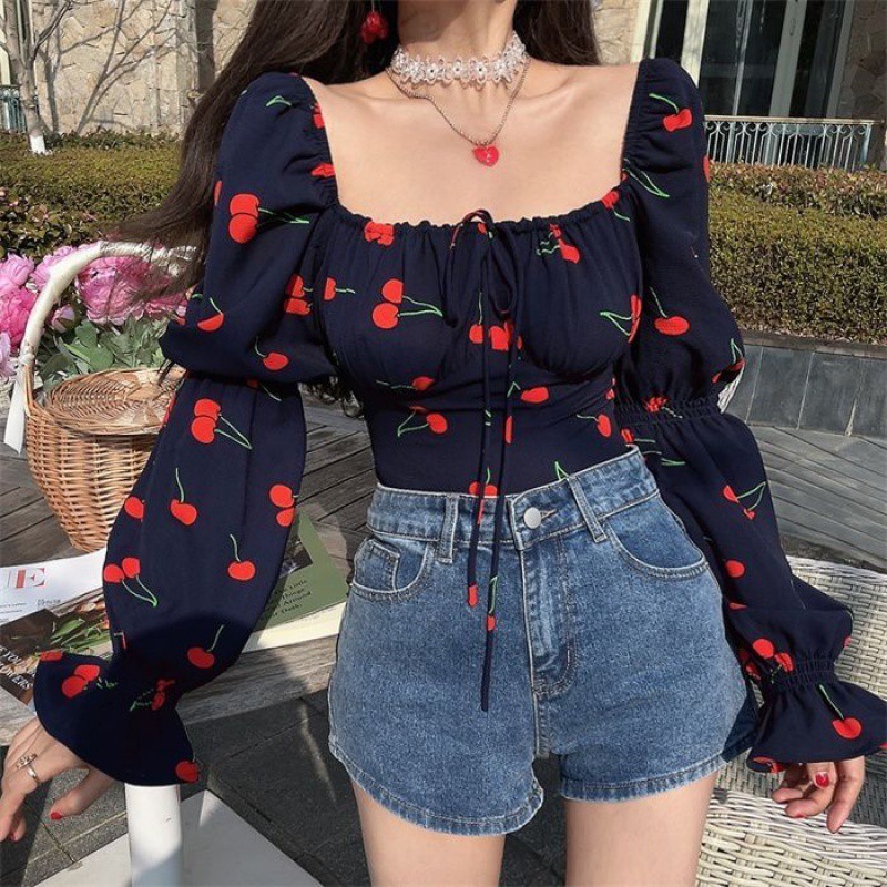 2024 Early Spring French Style Square Neck Lantern Sleeve Drawstring Waist-Exposing Vacation Blouse Shirt Top 210423