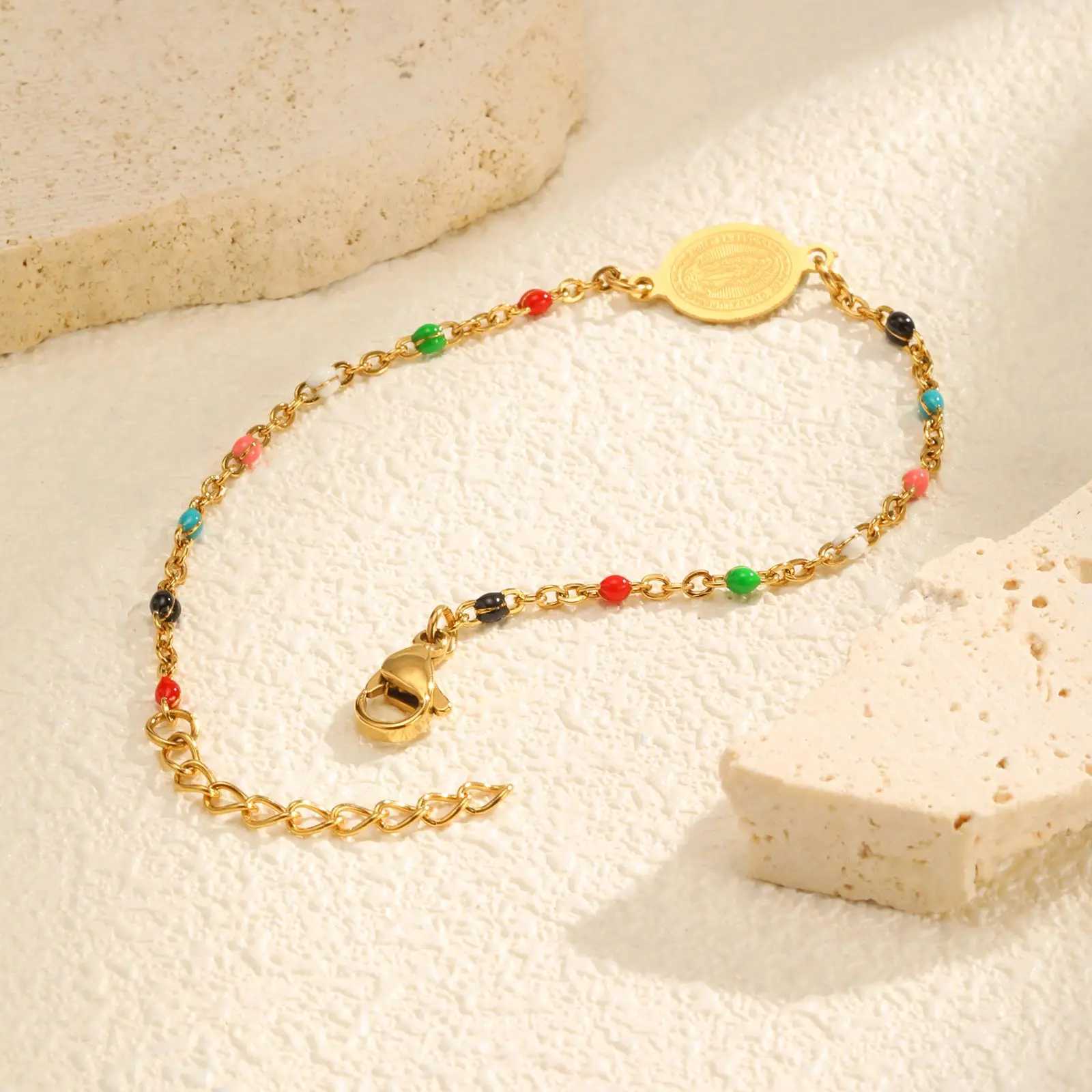 Bohemian Colored Bead Chains Virgin Bracelets for Women Gold Color Stainless Steel Bracelets Holy Christian Jewelry Gift XJ250707