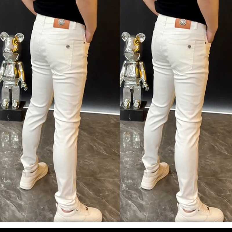 European Fashion White Jeans Men 2024 Summer Solid Color Streetwear Biker Elastic Skinny Zips Simple Casual Long Denim Trousers XJ250707