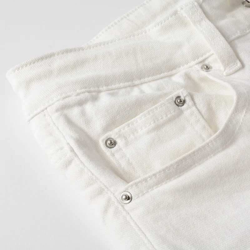 Sokotoo Mens White Stretch Ripped Biker Jeans Slim Skinny Pleated Patchwork Denim Pants XJ250707