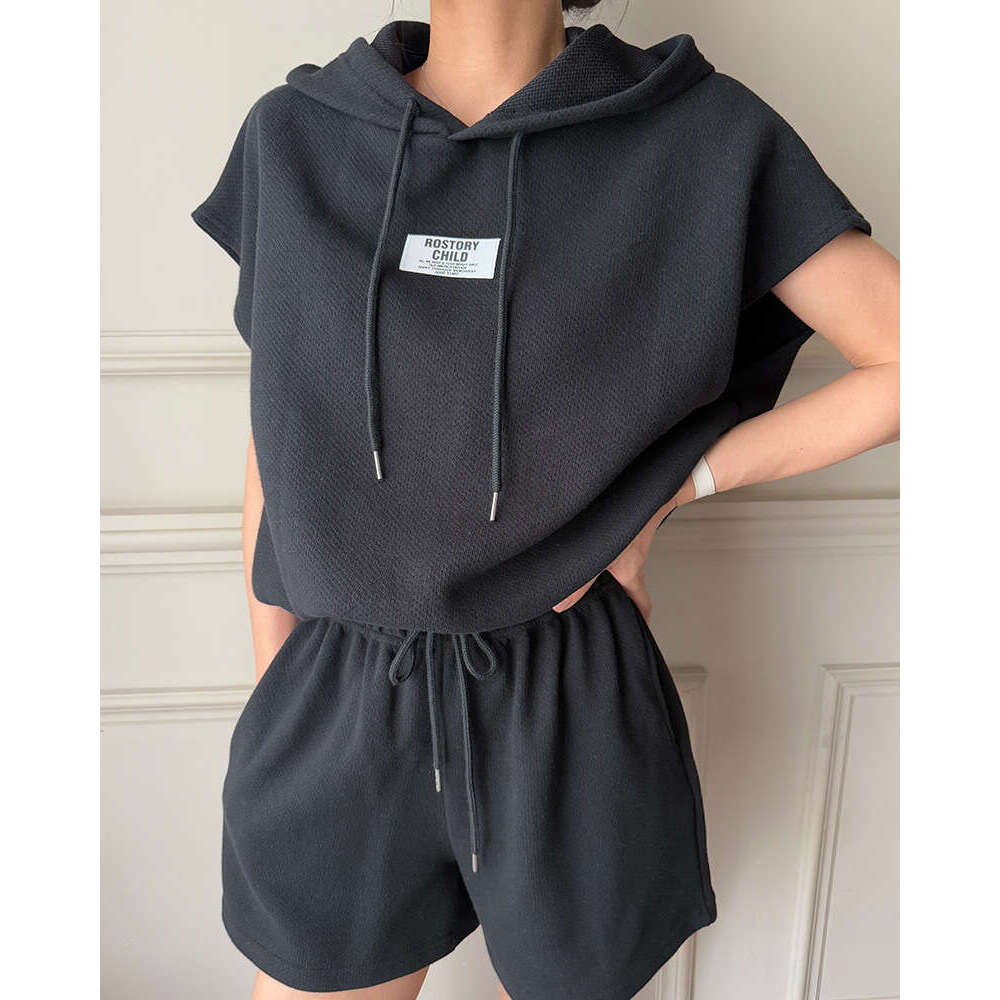 Light Gray Drawstring Hooded Sweatshirt Women Summer Loose High Waist Casual Shorts Set B5