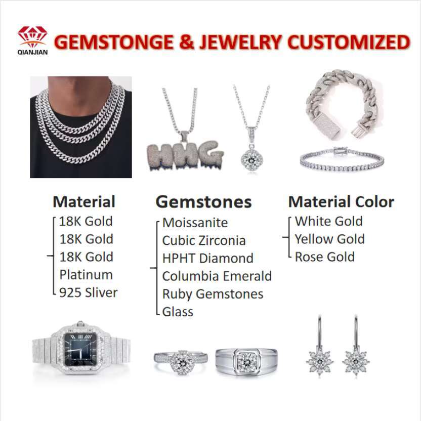 Qianjian Gold Plated Hip Hop Jewelry 925 Silver VVS Moissanite Diamond Tennis Bracelet for Women Men