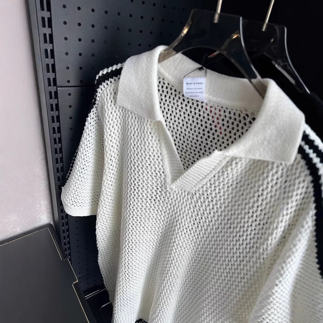 Summer Color-block Hollow Short Sleeve Designer Short Sleeves Polo Shirt For Men American Style Sports Casual Loose Design Turn-down Collar Knitted To