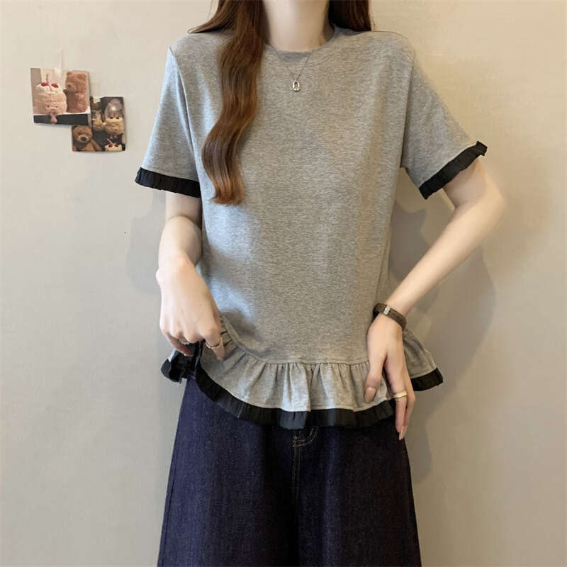 Plus Size Design Sense Right Shoulder Ruffle Short Sleeve T-Shirt For Women Summer Style Age-Reducing Slimming Versatile Niche Top B5