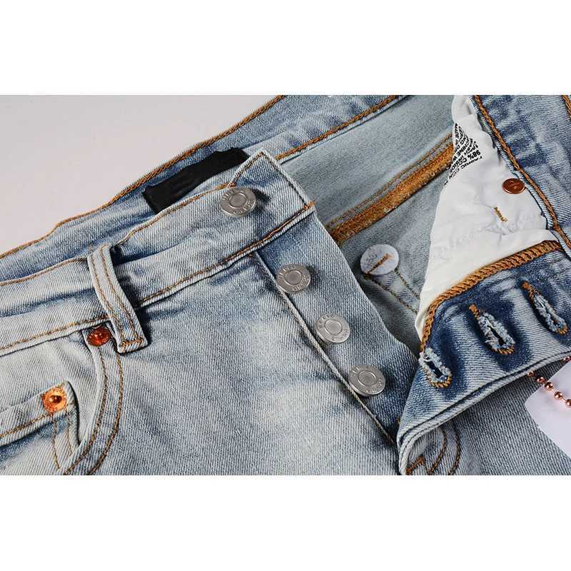 Mens American High Street Fashion Distressed Light Blue Letters Printing Stretch Skinny Button Fly Ripped Jeans XJ250707