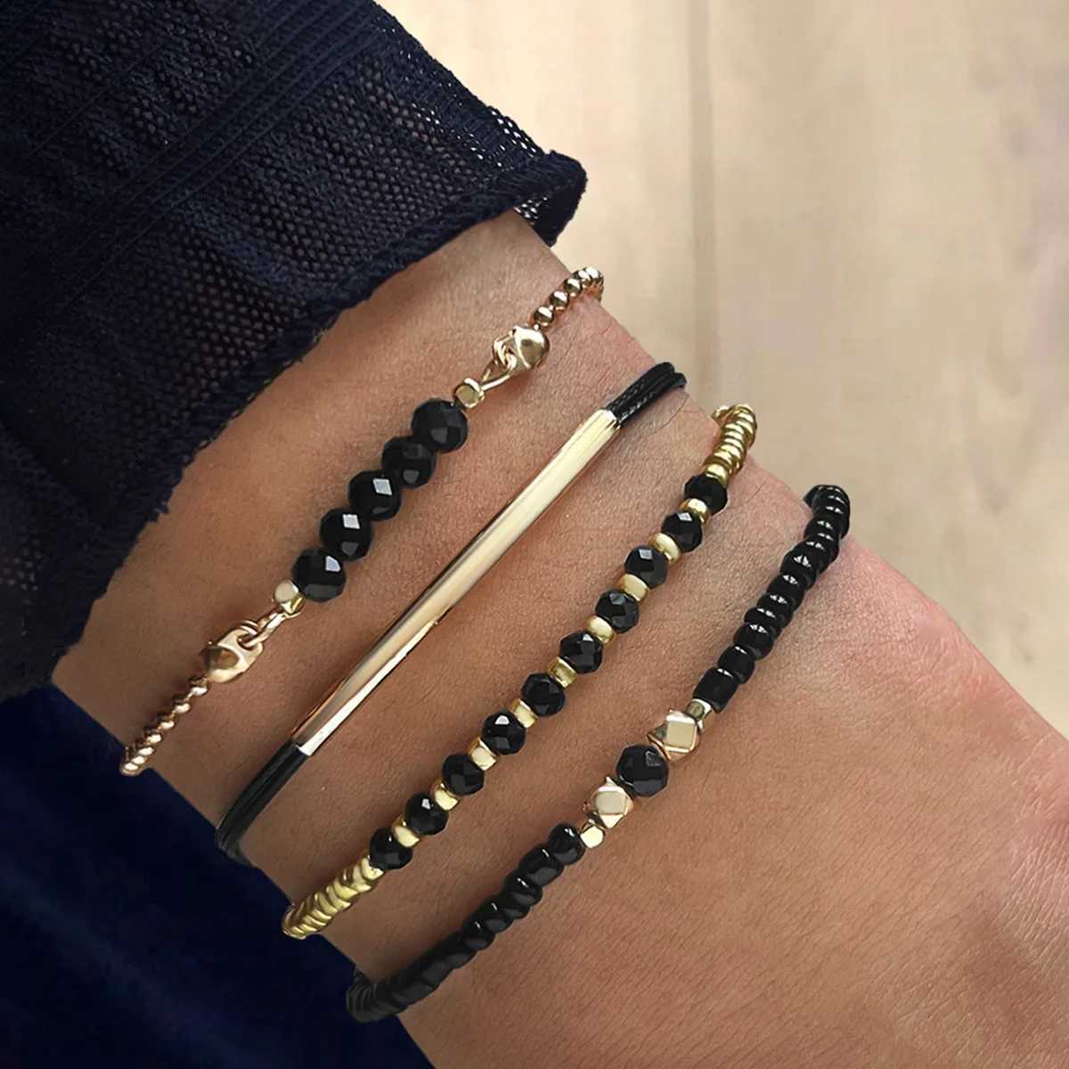 Handmade Black Glass Stone Bracelet Set for Women Simple Braided Rope Beads Chain Bangle Female Fashion Jewelry Accessories XJ250707