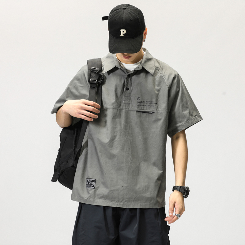 Japanese Style Handsome Workwear Polo Collar Shirt Men Summer American Designer Short Sleeves Retro Short Sleeve T-shirt Trendy Brand Turn-down Collar