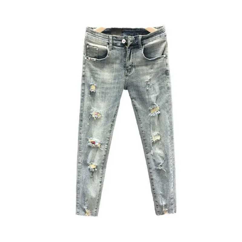 Trendy Korean Style Streetwear Mens Classic Jeans with Holes for Summer Stretchy Distressed Holes Stretch Skinny Pants Male XJ250707