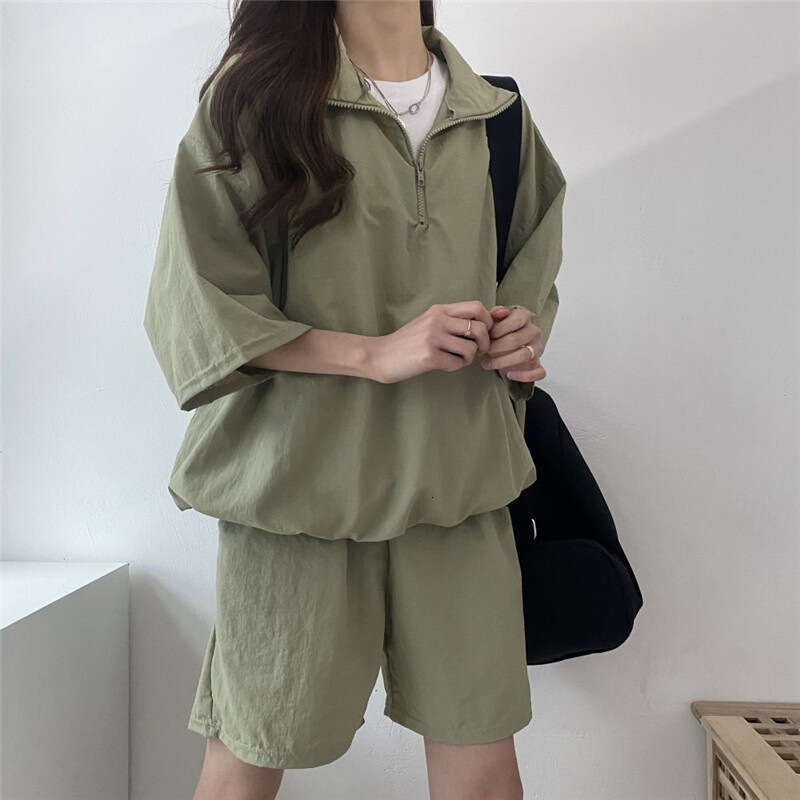 Stand Collar Zipper Short Sleeve For Women Summer New Fashion Casual Sportswear Two-Piece Set Trendy B5