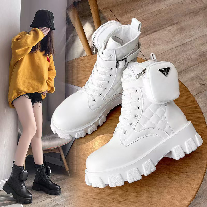 Designer Boots Men Women Luxury Brand shiny Detachable Nylon Pouch Combat Shoes nylon Hailf Outdoor Thick Bottom Mid-length Boot