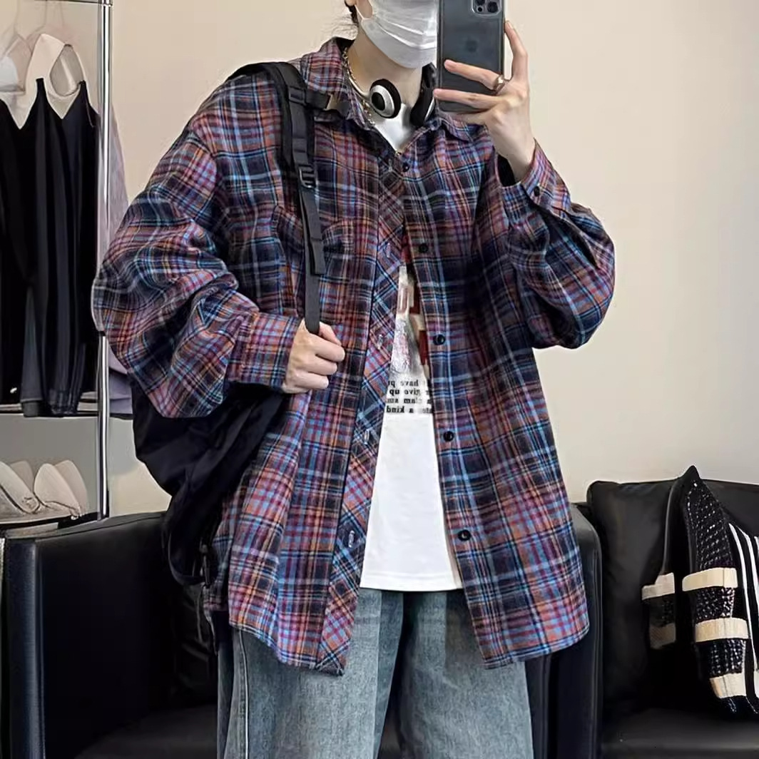 Long Sleeve Shirt Men's 2025 Spring New Korean Style Trendy Japanese Designer Short Sleeves Retro Plaid Plus Size Turn-down Collar Shirt Jacket