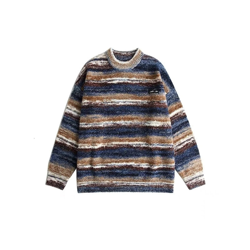 American Sle Rainbow Stripes Mens Knitted Sweater Round Neck Base Layer Top Casual Loose Fit Long Sleeve Autumn Winter 250703